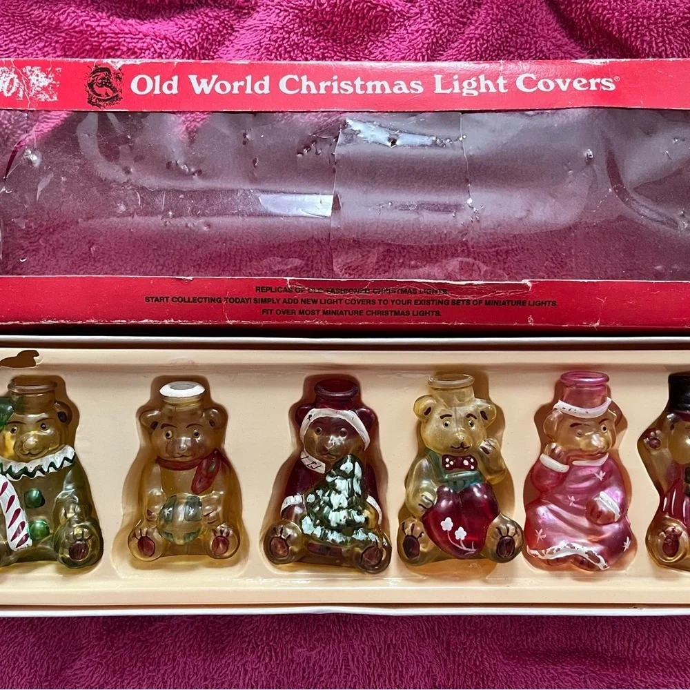 Old World Christmas Glass Light Covers Vintage Teddy Bears Set